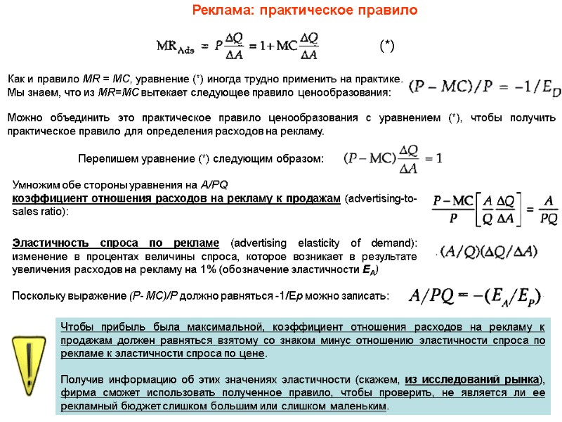 Реклама: практическое правило Как и правило MR = MC, уравнение (*) иногда трудно применить